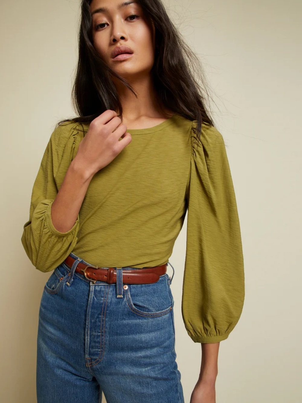 Nation LTD Cecilia Balloon Sleeve Tee Olive Pima Cotton Casual Capsule Size S